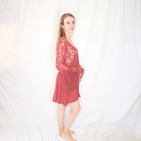 FREE PEOPLE Red Floral Lace Knit Tunic Dress Bell - Picture 3 of 7